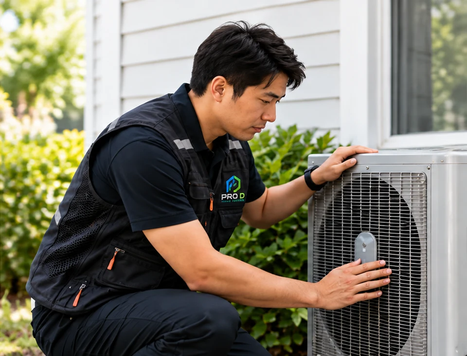 A technician assessing home heating and cooling equipment