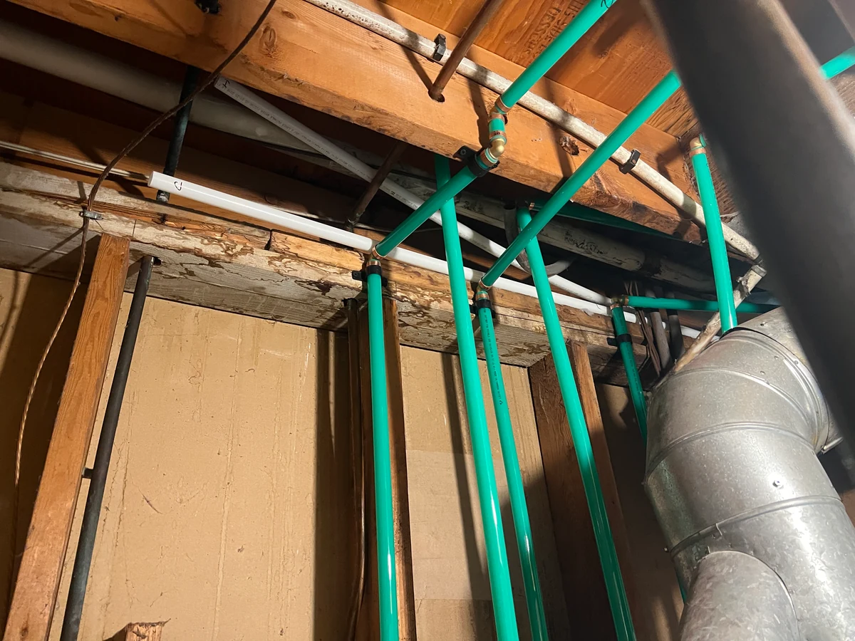 Exposed green heating pipes in the Burnaby hydronic pipe replacement project